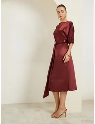 Burgundy Satin Sheath Midi Dress with Belt - 2