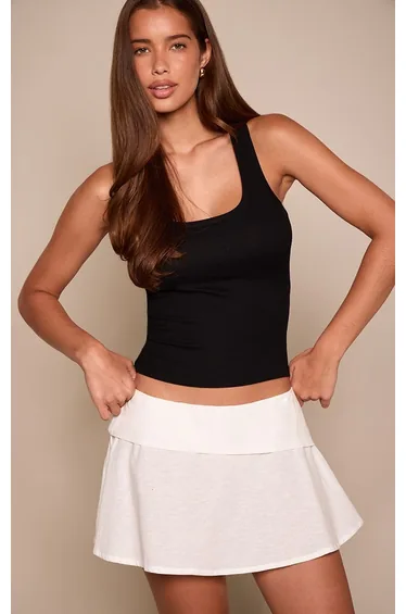 White Linen Look Fold Over Detail Mini Skirt