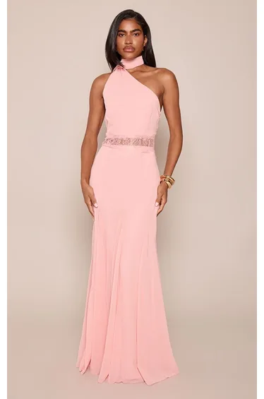 Baby Pink Woven Lace Detail Godet Maxi Dress