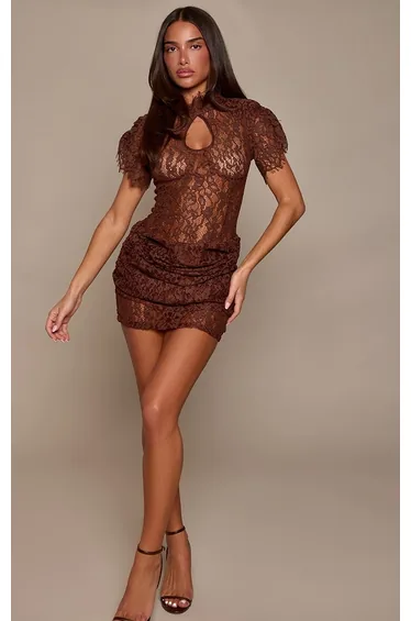 Chocolate Lace Should Padded Draped Mini Dress