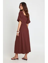 Textured Volume Sleeve Midaxi Dress - chocolate - 1