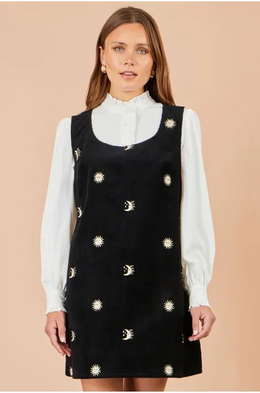 Yumi Black Cotton Cosmic Cord Pinafore Dress