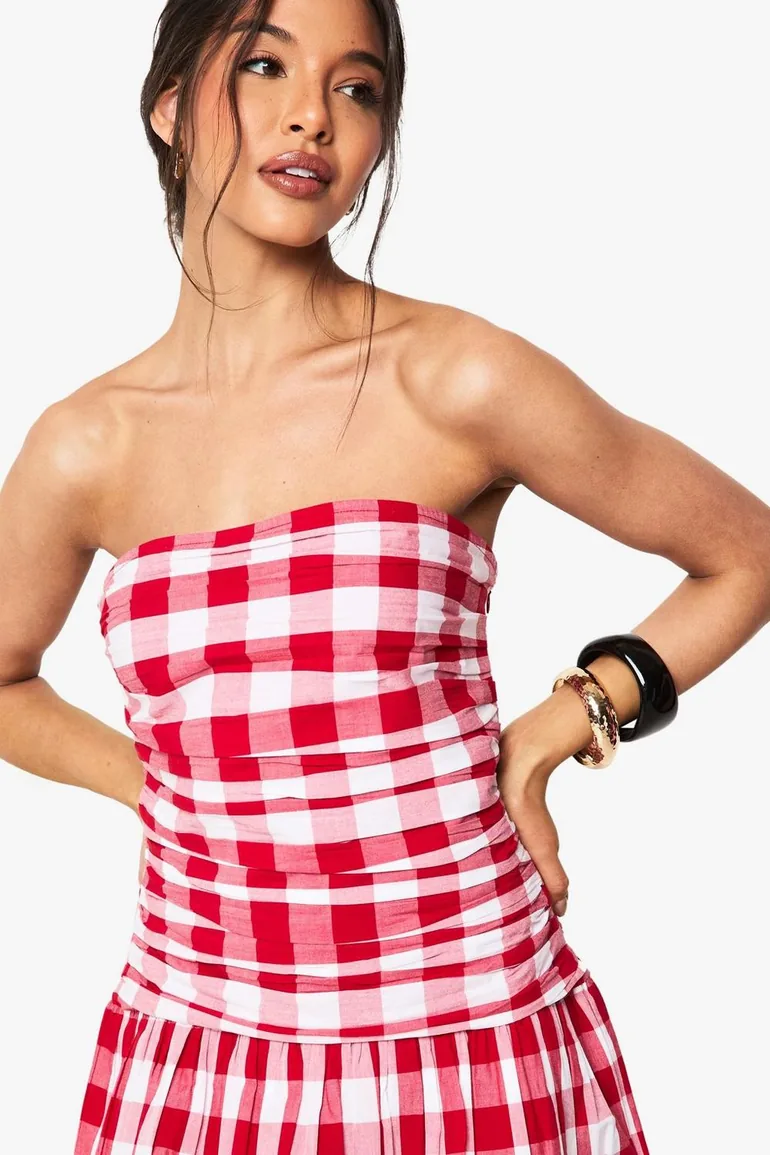 Gingham Puffball Bandeau Mini Dress - red - 3