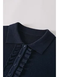 Elegant Ruffle-Trim Collared Knit Cardigan in Navy for Office Days & Brunch Dates - 4