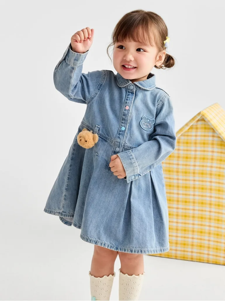 Girls' Denim Shirt Dress With Print - 1