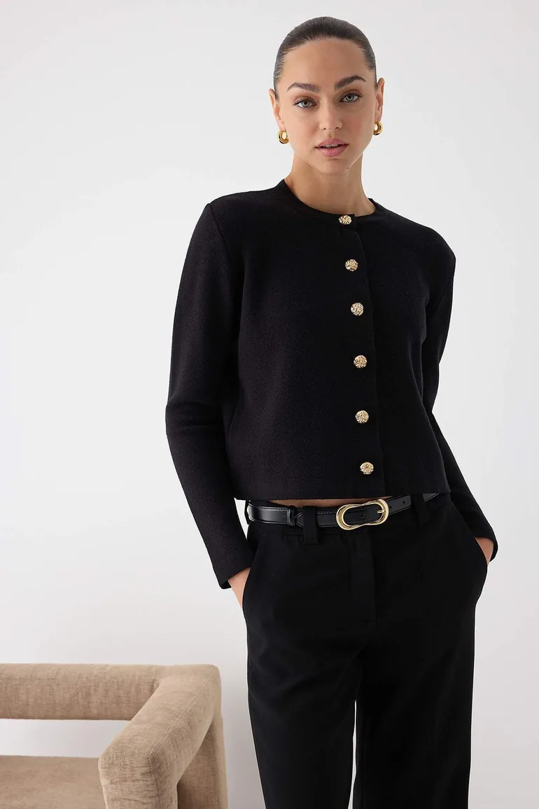 Black Button Detailed Crop Premium/Special Yarn Knitwear Cardigan - 1