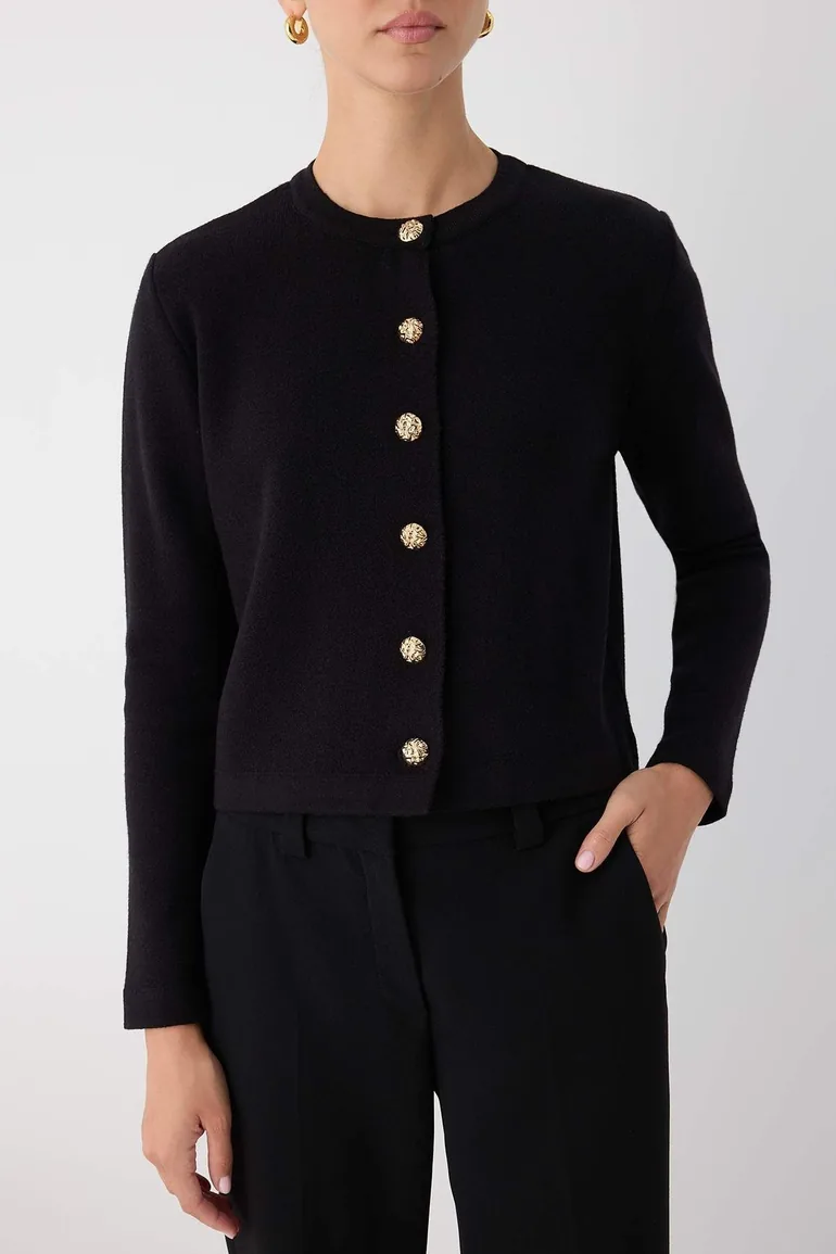 Black Button Detailed Crop Premium/Special Yarn Knitwear Cardigan - 2