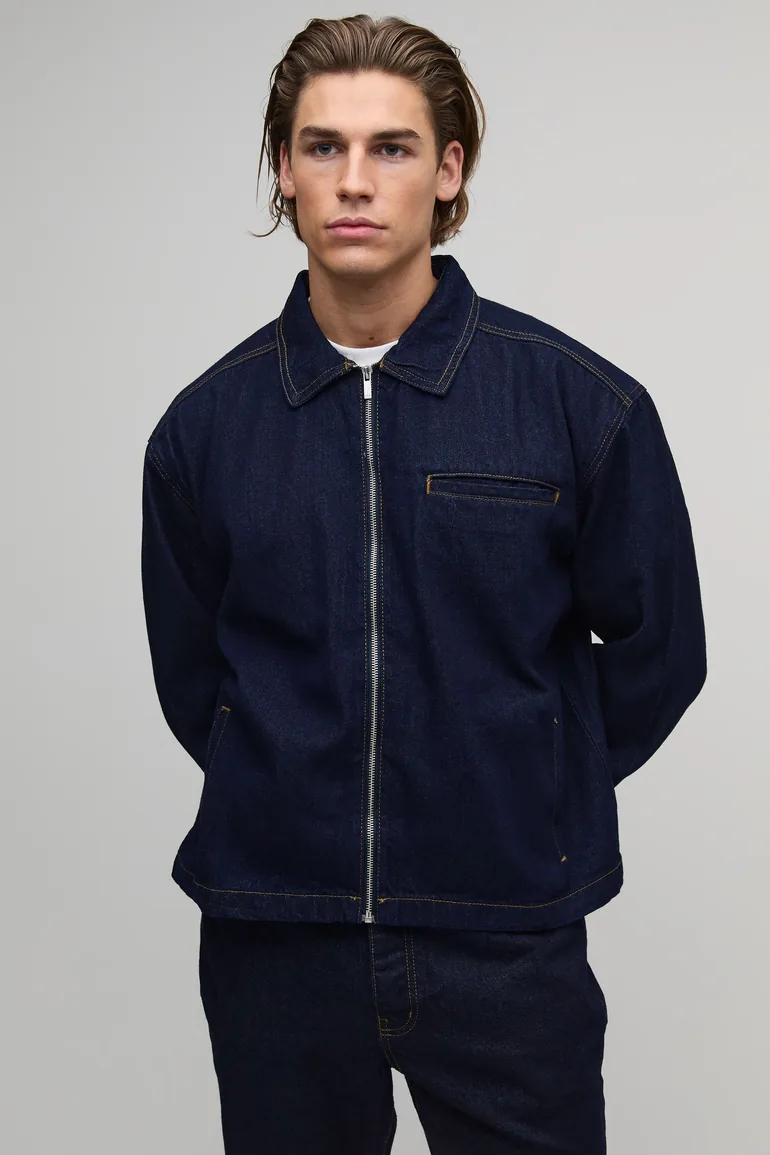 Essential Boxy Denim Harrington Jacket - indigo