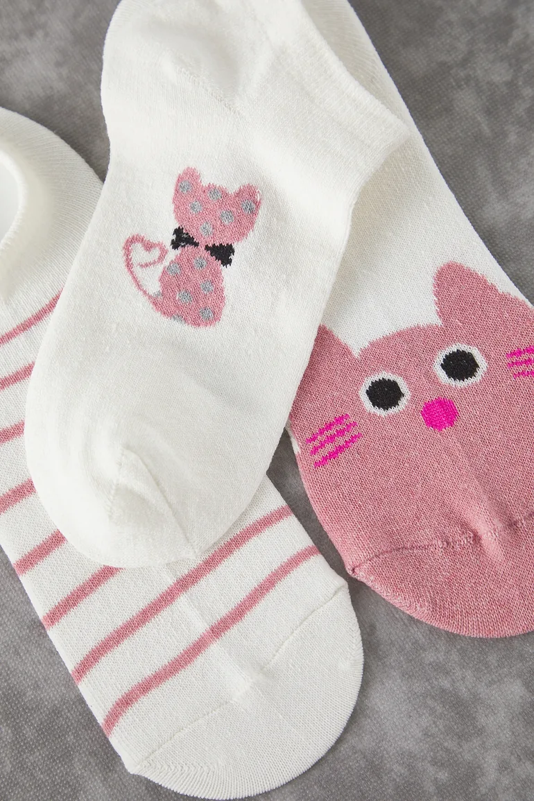 White-Multicolored 3-Pack Striped and Cat Jacquard Knitted Socks - 1