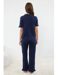 Indigo 100% Cotton Solid Ruffle Single Jersey Knitted Pajama Set - 3