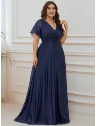 ever LIORÉ|Sparkling Short Sleeve V-Neck Ribbon Waist A-Line Evening Dress - 5