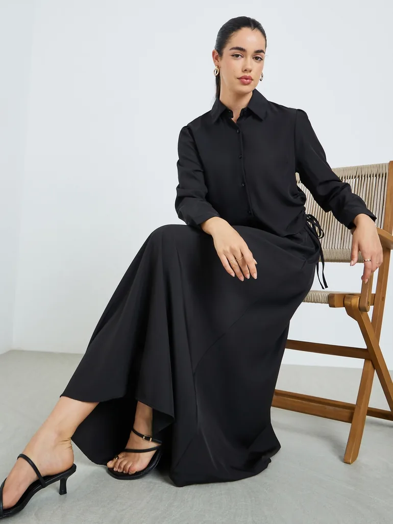 Women Ruched Shirt and Maxi Skirt Modest Set - 1