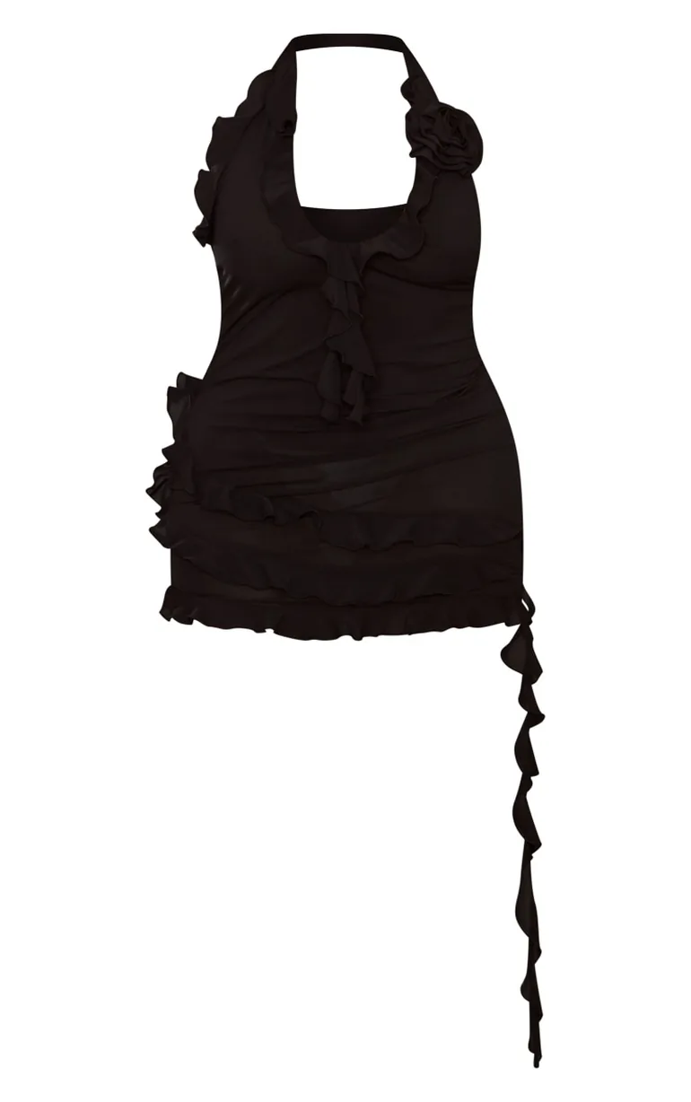 Shape Black Woven Halterneck Frill Detail Mini Dress - 3
