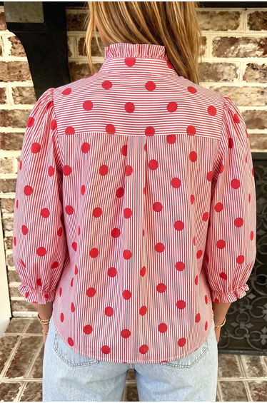 Lvness Fiery Red Polka Dot Striped Print Ruffle Stand Neck 3/4 Sleeve Shift Shirt product thumbnail 2