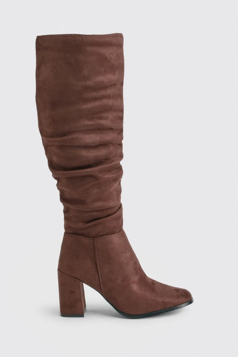 Faux Suede Knee High Ruched Block Heeled Boots - chocolate - 2