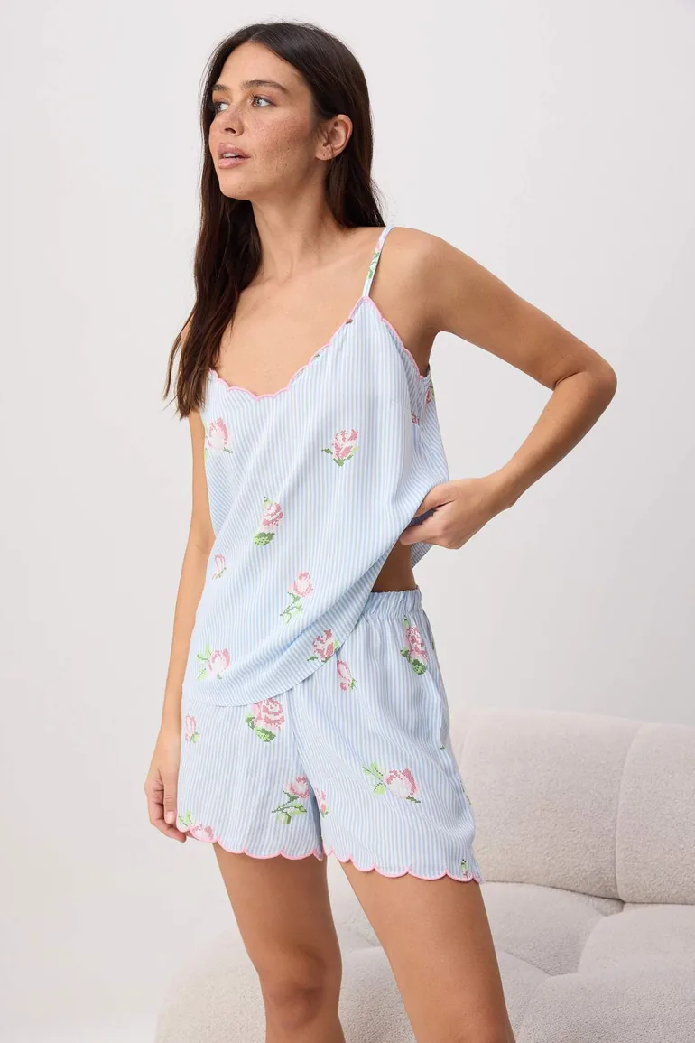 Blue Floral Shally Woven Pajamas Set