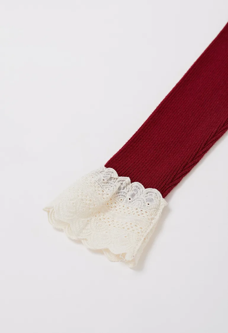 Embroidered Eyelet Bowknot Ribbed Knit Top in Red - 3