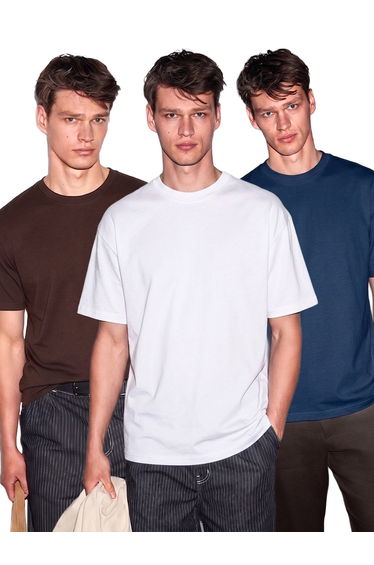 GRIMELANGE CULTIVATED Men’s 3-Pack Thick Textured Regular Fit 100% Organic Cotton Brown-Blue-White T-Shirt