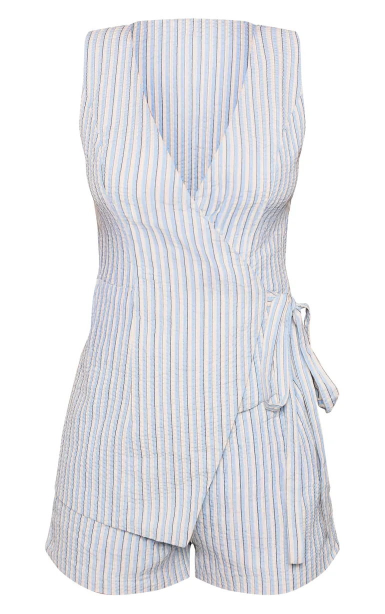 Blue Pinstripe Woven Wrap Detail Playsuit - 4