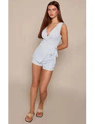 Blue Pinstripe Woven Wrap Detail Playsuit - 5
