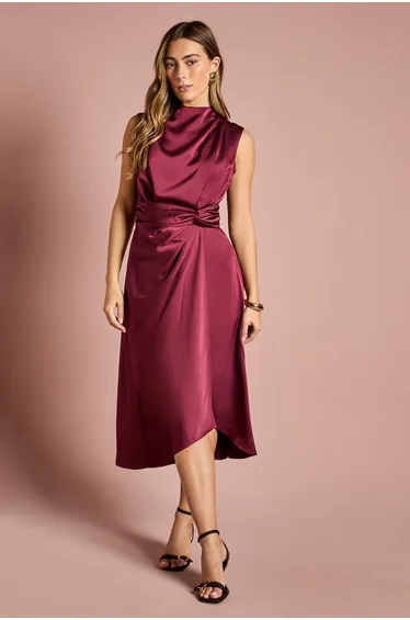 Satin Midi Dress With Twist Waist