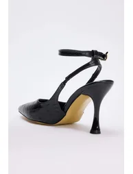 Black Crocodile Patterned Pointed Toe Women's 9 cm Thin Heeled Shoes - 2