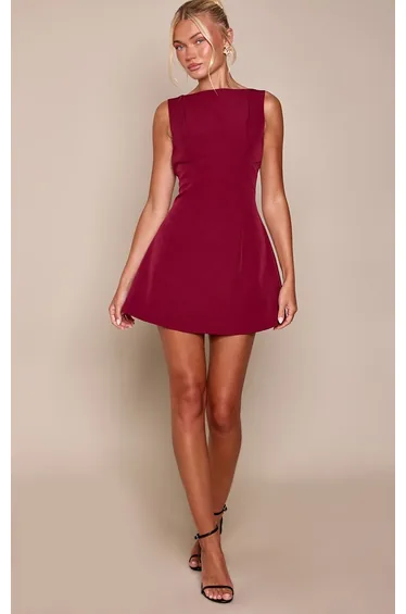 Wine Woven Boat Neck Backless Detail Mini Dress