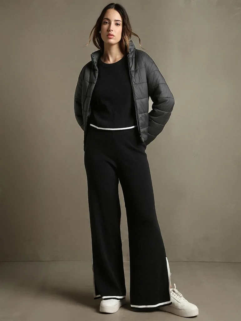 Solid Knitted Long Sleeve Crop Top & Trousers Co-Ords - 1