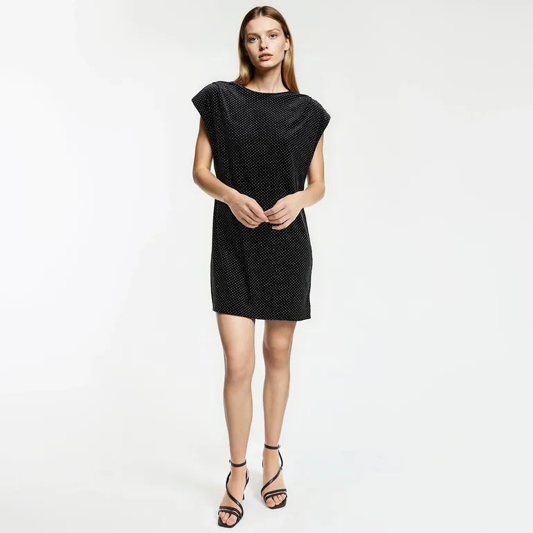 Short Sleeveless Shift Dress with Studs - 2
