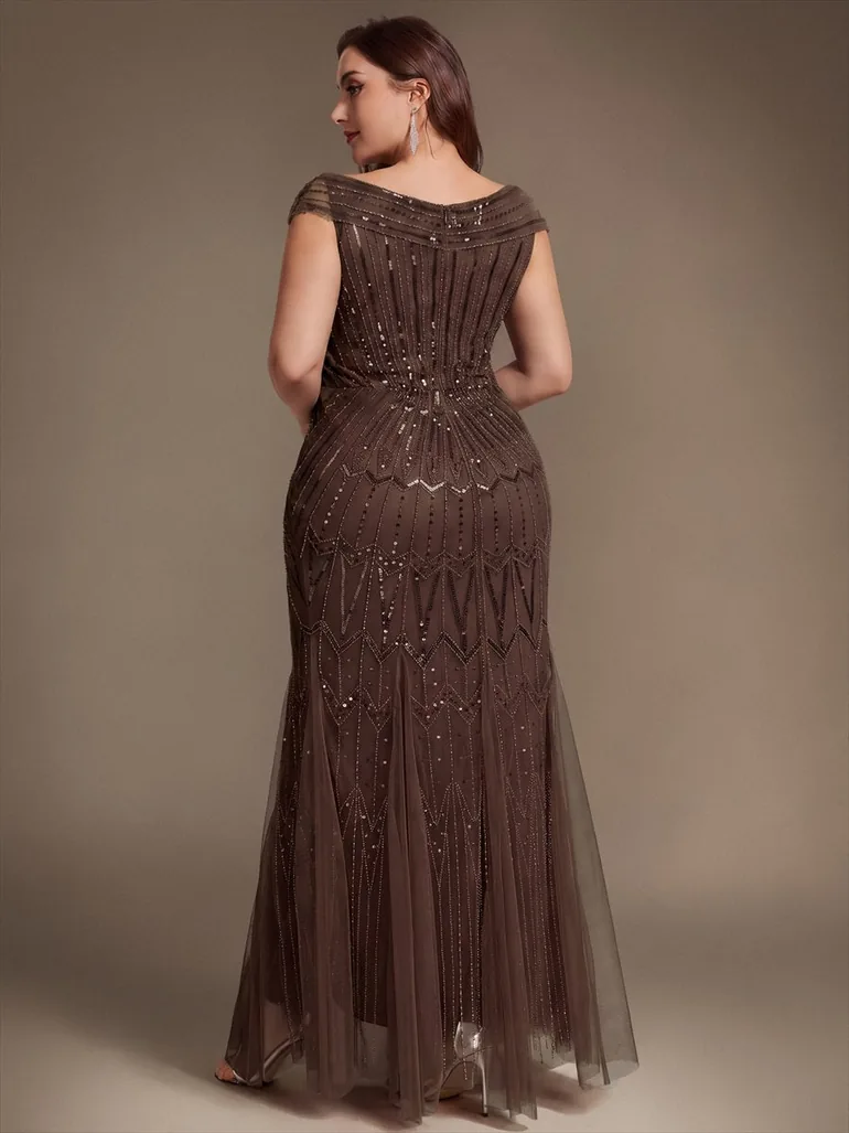 ever CABARET|Sequin Drop Shoulder Sleeve Beaded Formal Dress - 7
