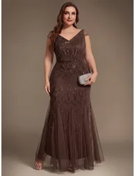 ever CABARET|Sequin Drop Shoulder Sleeve Beaded Formal Dress - 6