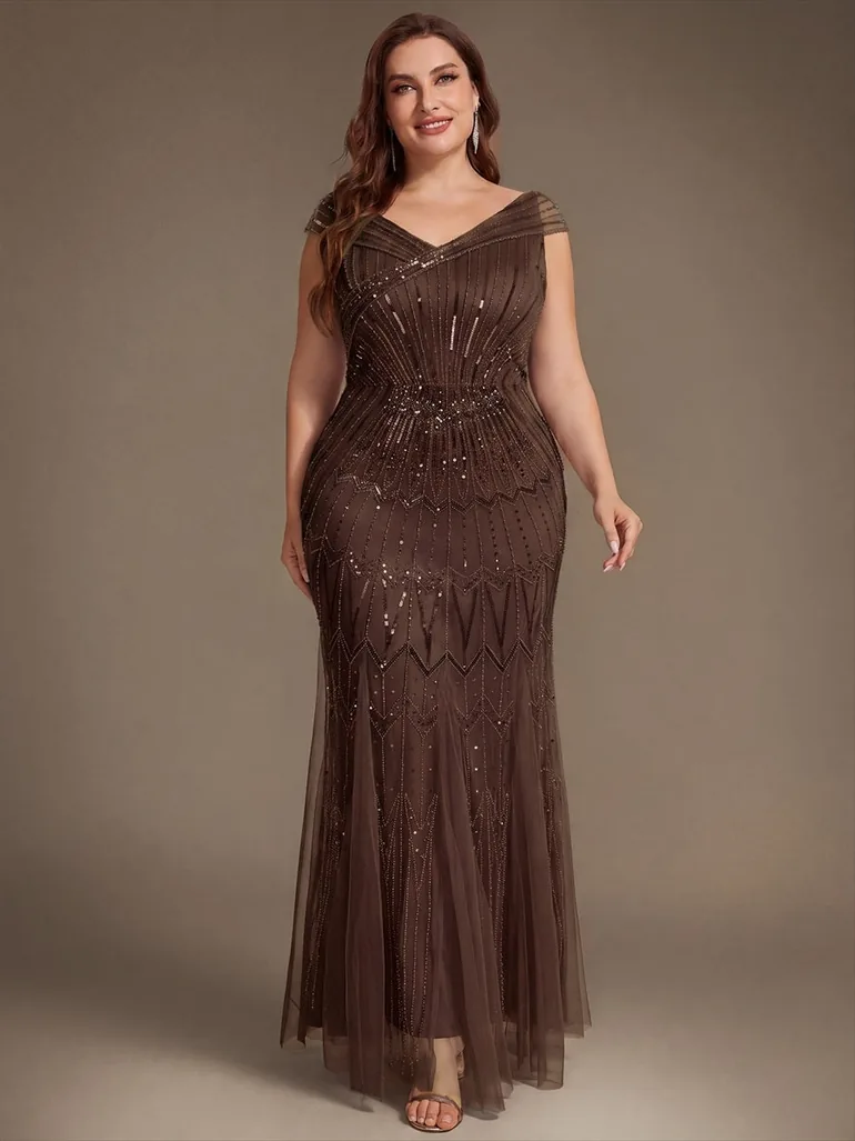 ever CABARET|Sequin Drop Shoulder Sleeve Beaded Formal Dress - 9