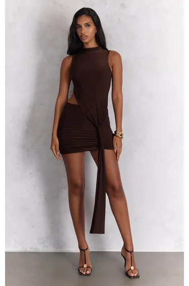Chocolate Slinky Asymmetric Drape Bodycon Mini Dress