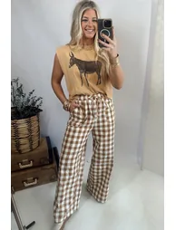 Lvness Brown Gingham Plaid Tie Elastic Waist Shift Pants