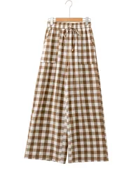 Lvness Brown Gingham Plaid Tie Elastic Waist Shift Pants - 11