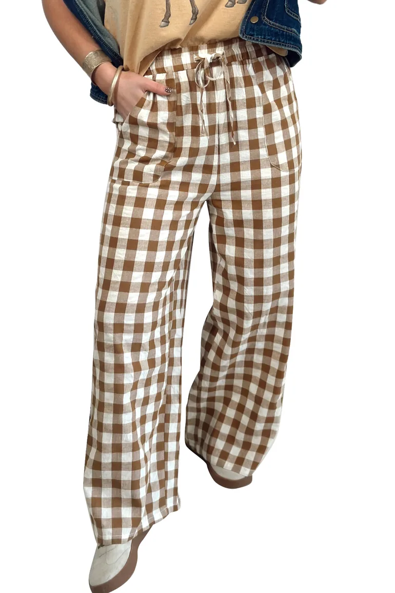 Lvness Brown Gingham Plaid Tie Elastic Waist Shift Pants - 12