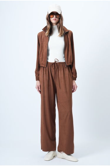 Women's tan stand-up collar zip-up soft-touch suede jacket and double pocket pant set product thumbnail 2
