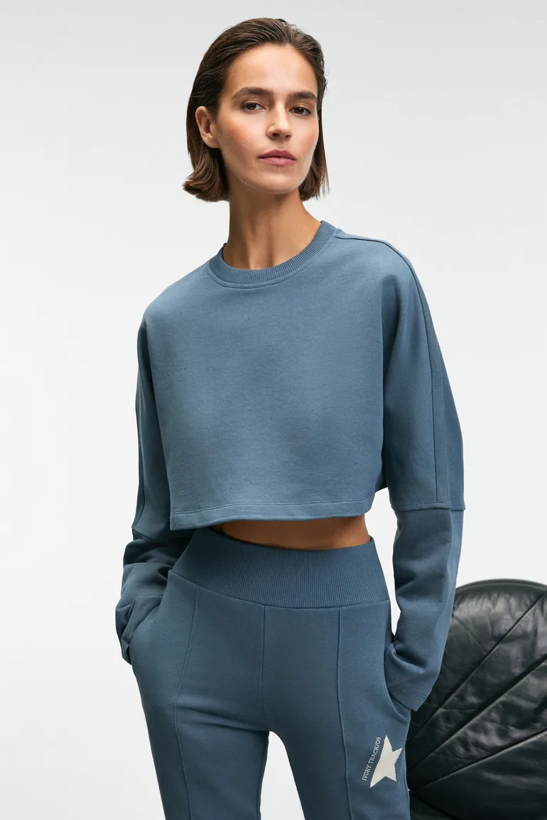 GRIMELANGE ANOUK Women's Cotton Printed and Patch Detailed Crew Neck Crop Petrol Blue Sweatshirt - 2