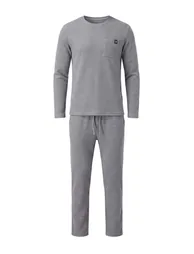 Gray Melange Regular Fit Pocket and Label Detailed Waffle Textured Knitted Pajama Set - 1