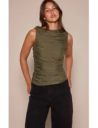 Khaki Woven Sleeveless Ruched Detail Top