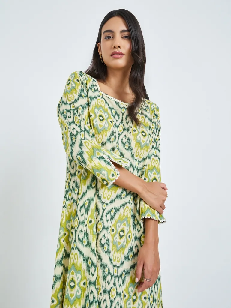 Yellow Printed Square Neck A-Line Jalabiya - 1