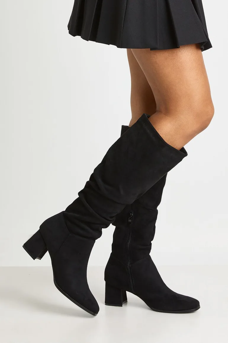 Faux Suede Ruched Low Block Heel Knee High Boots - black - 1
