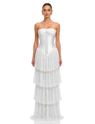 Octavia White Satin Corset Top & Tiered Lace Skirt Set