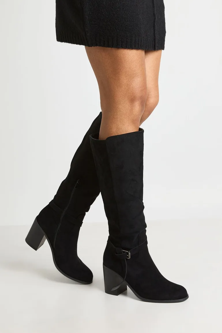 Faux Suede Buckle Detail Low Block Heeled Knee High Boots - black