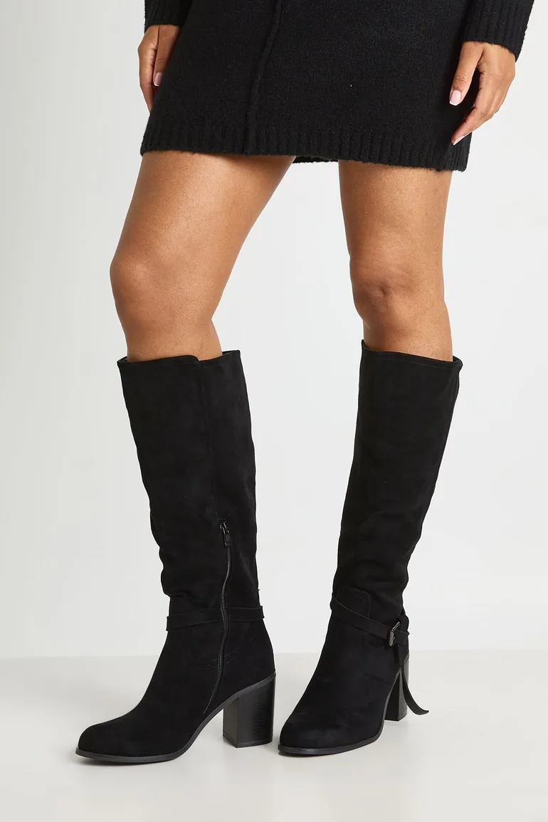 Faux Suede Buckle Detail Low Block Heeled Knee High Boots - black - 1