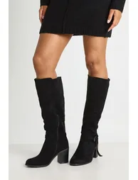 Faux Suede Buckle Detail Low Block Heeled Knee High Boots - black - 1
