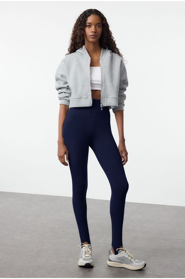 Navy Blue Brushed Soft Fabric Füzo Full Length Yoga Knitted Sports Leggings