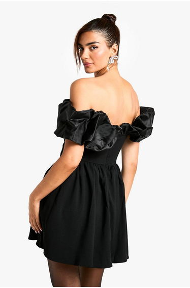Extreme Taffeta Ruffle Bardot Structured Skater Dress - black product thumbnail 2