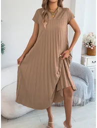 Beige Pleated A-Line Midi Dress - 4