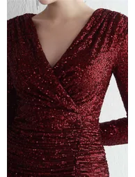V-Neck Long Sleeves Sequins Cocktail Dress in Burgundy - 6